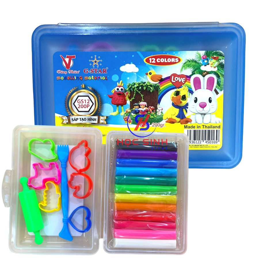 Đất Nặn 12 màu Gstar GS12 200P sản xuất tại Thái Lan có khuôn và cây lăn - Học Sinh Store