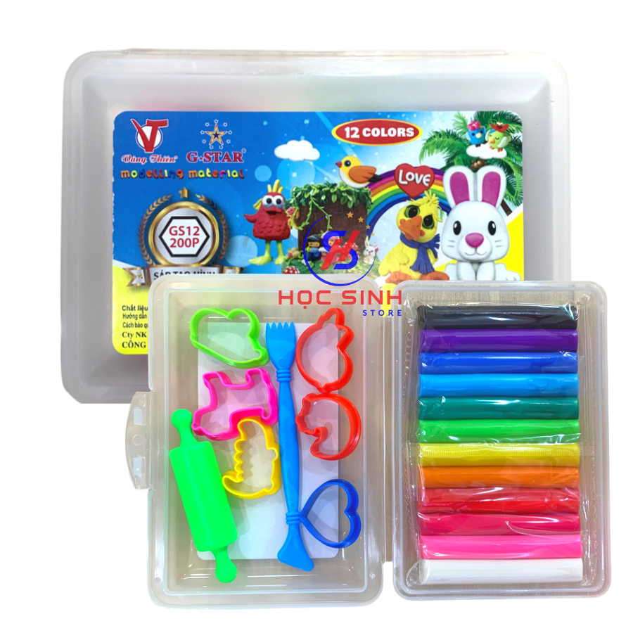 Đất Nặn 12 màu Gstar GS12 200P sản xuất tại Thái Lan có khuôn và cây lăn - Học Sinh Store