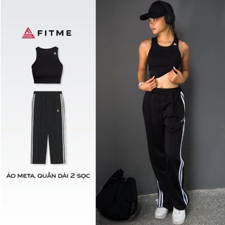 Bộ thể thao nữ Fitme áo croptop đen, quần dài 2 sọc đen thoáng khí