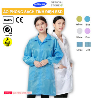  Áo phòng sạch chống tĩnh điện Blue Áo Blouse phòng sạch ESD nam nữ khóa kéo màu trắng xanh SAFEMALL 