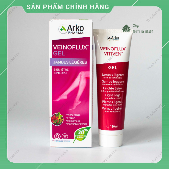 Gel suy giãn tĩnh mạch chân Veinoflux Arkopharma giảm đau mỏi, tê, phù, gel massage từ tinh dầu bạc hà menthol
