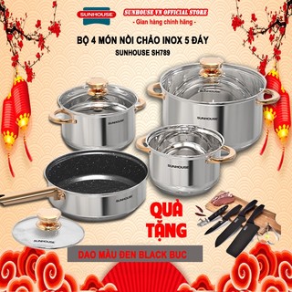 Bộ nồi chảo inox 5 đáy sunhouse shg789 + tặng dao làm bếp màu đen