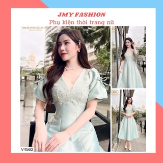 V4562 Váy xanh cổ V dáng xoè tiểu thư [Dolce Viva Colection (DVC)] đầm dự tiệc phối tay bồng xinh xắn, nữ tính