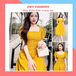 V4536 Váy vàng cổ vuông thiết kế thanh lịch, sang trọng [Dolce Viva Colection (DVC)] đầm công sở, dự tiệc nữ tính