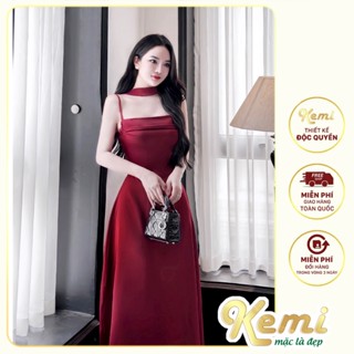 Váy 2 dây dáng dài, đầm dự tiệc xếp ly ngực chất lụa kèm dây lên cổ Kemi nhẹ nhàng tinh tế