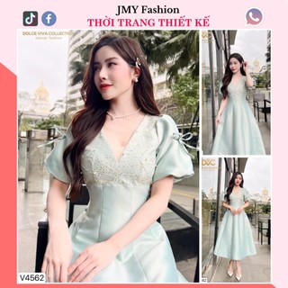 V4562 Váy đầm xanh pastel cổ V dáng xòe dài dự tiệc [Dolce Viva Colection (DVC)] váy đầm tafta xanh xòe thiết kế