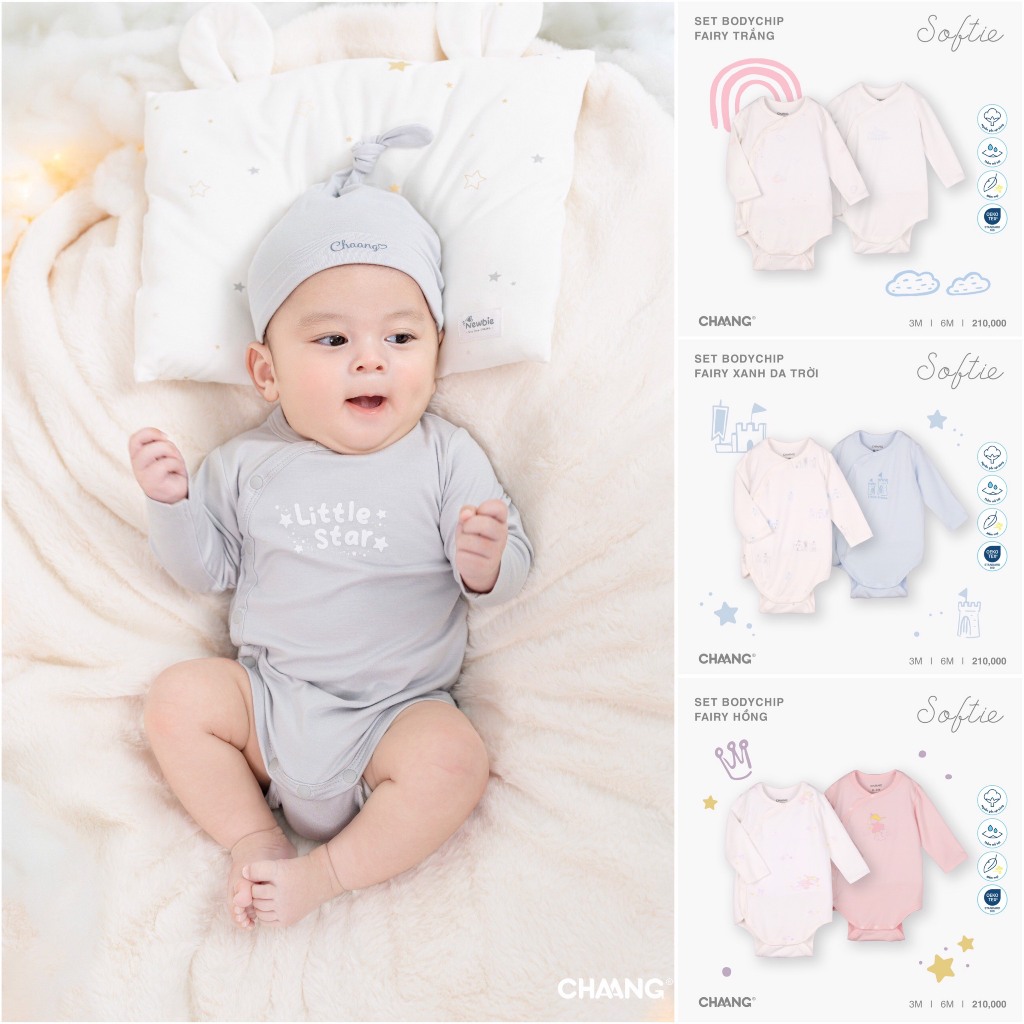 Set body dài tay sơ sinh cúc chéo họa tiết dễ thương Fairy Chaang