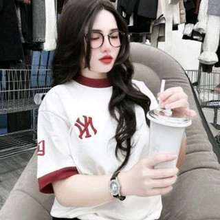 Áo phông thêu chữ N.Y cổ viền đỏ kiểu dáng unisex Nam Nữ [hàng có sẵn]