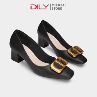 Giày cao gót nữ DILY gắn khóa kim loại sang trọng, giày bít mũi đế vuông mũi vuông công sở cao 5cm AA0484