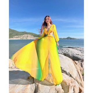 HOANGYEN Đầm maxi đi biển tay dài loang màu khoét eo