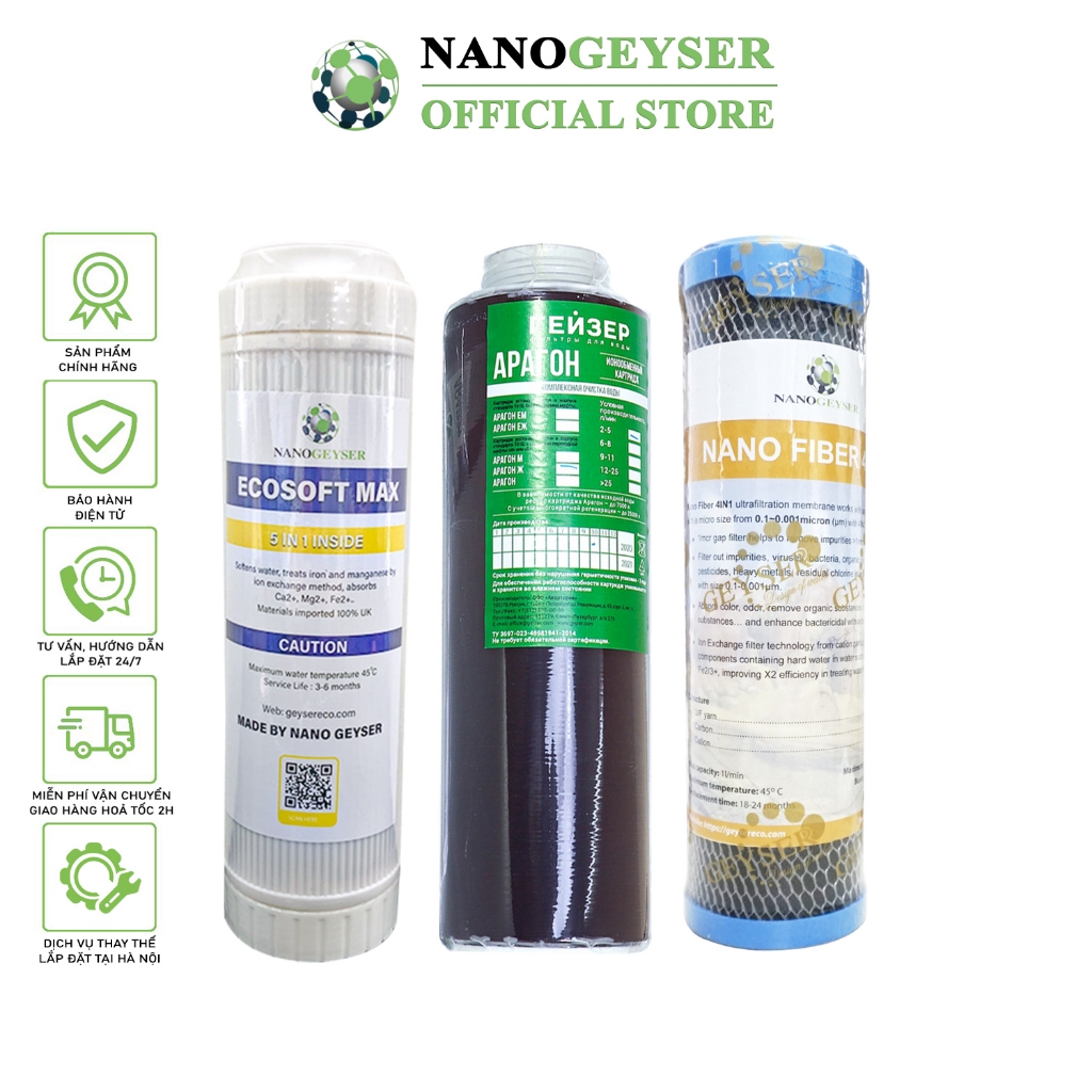 Bộ 3 lõi lọc máy Geyser Ecotar 3, Geyser Ecotar 4, Lõi Ecosoft Max, Aragon, Nano Fiber 4IN1 Nano Gey