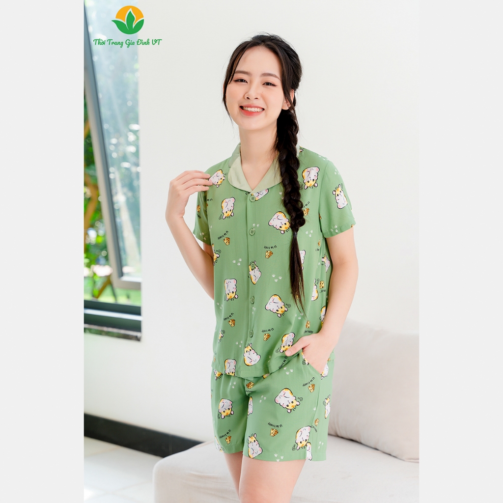 Đồ bộ lanh mùa hè mặc nhà nữ Việt Thắng , bộ ngủ nữ pijama mặc nhà áo cộc quần đùi - B03.2401