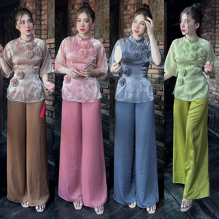 Bộ đồ lam, pháp phục, bà ba đi chùa áo voan ánh kim quần lụa mango M1