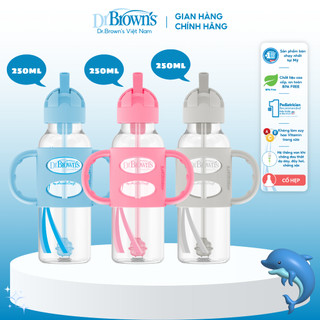 Bình sữa Dr Brown's nhựa PP, hai tay cầm và ống hút silicone, cổ thường 250ml - Hồng, Xanh, Ghi