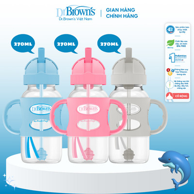 Bình sữa Dr Brown's nhựa PP, hai tay cầm và ống hút silicone, cổ rộng Dr Brown's 270ml - Hồng, Xanh, Ghi.