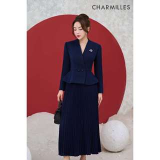 Set Charmilles Áo vest dài tay chiết eo + Chân váy xếp ly Xanh dương 23MV080XD - 24MC014.1XD