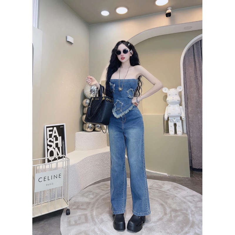 Set jean quần dài áo cúp ngực phối rách