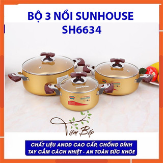 Bộ nồi Sunhouse sh6634 3 món công nghệ Anod cao cấp, dùng bếp gas bếp hồng ngoại size 16-20-24cm