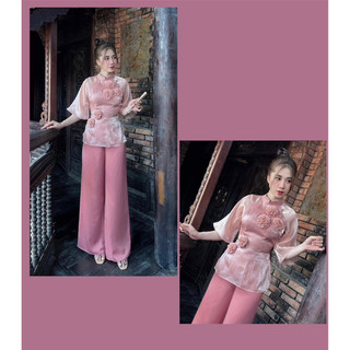 Bộ đồ lam, pháp phục, bà ba đi chùa áo voan ánh kim quần lụa mango PHẠM NGỌC BOUTIQUE