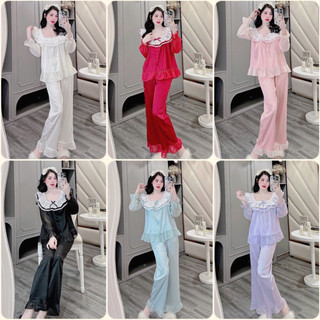  Đồ bộ Pyjama nữ thiết kế Cổ vuông lụa xước trơn ren bèo cao cấp