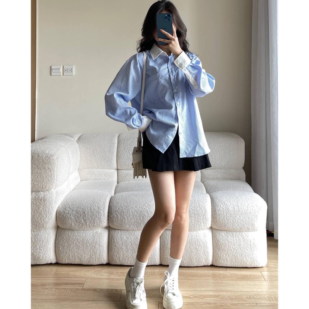 Áo Sơ Mi Kẻ Sọc Dài Tay Phối Cổ Trắng, Áo Sơmi Tay Phối Form Rộng Thoáng Mát, Somi Tiểu Thư Điệu Đà Miho House | BigBuy360 - bigbuy360.vn