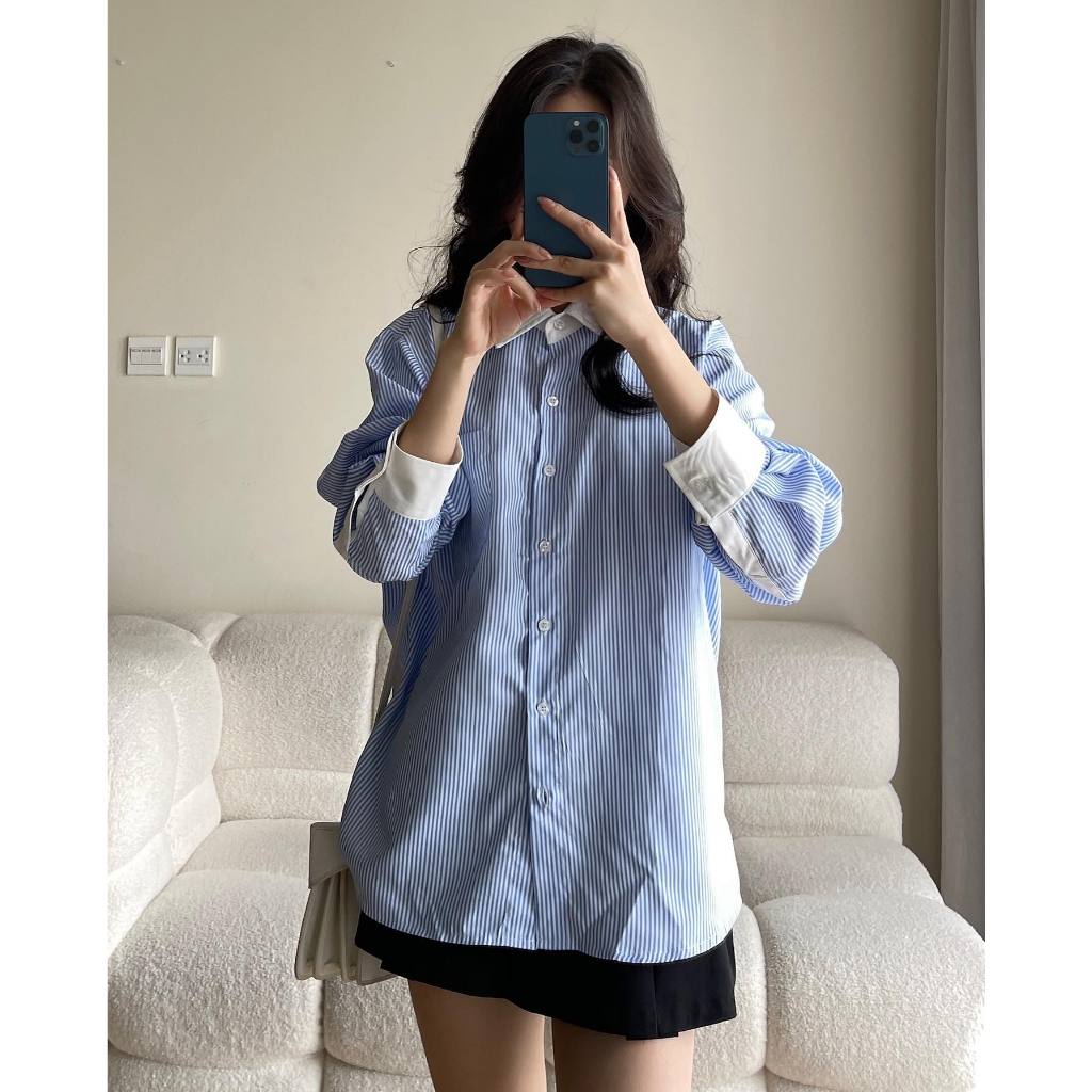 Áo Sơ Mi Kẻ Sọc Dài Tay Phối Cổ Trắng, Áo Sơmi Tay Phối Form Rộng Thoáng Mát, Somi Tiểu Thư Điệu Đà Miho House | BigBuy360 - bigbuy360.vn