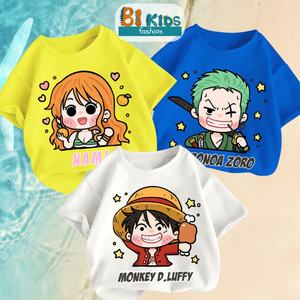 Áo thun cho bé, áo phông bé trai bé gái họa tiết One Piece siêu dễ thương, Áo thun Luffy, Bikids S71