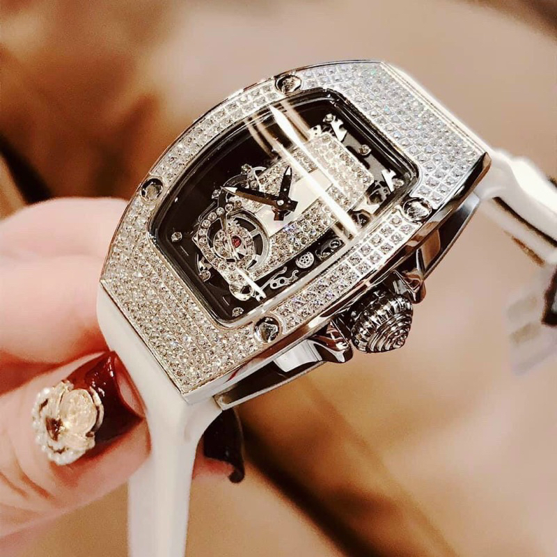 Đồng Hồ nữ Hanboro By Huboler đính đá chính hãng dây cao su trắng tim đỏ siz 36mm