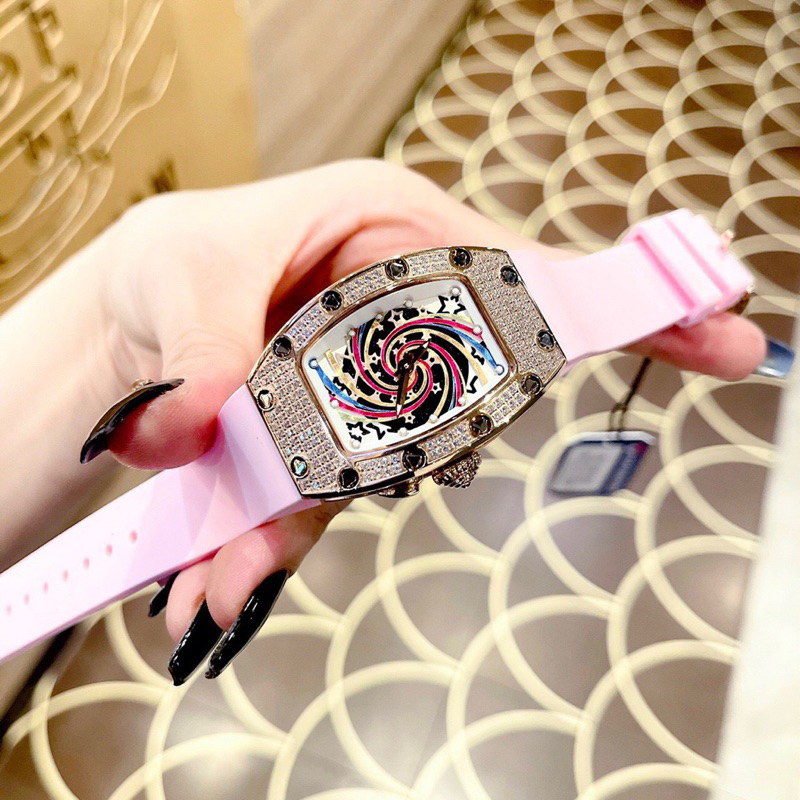 Đồng Hồ nữ Hanboro By Huboler đính đá chính hãng dây cao su trắng tim đỏ siz 36mm