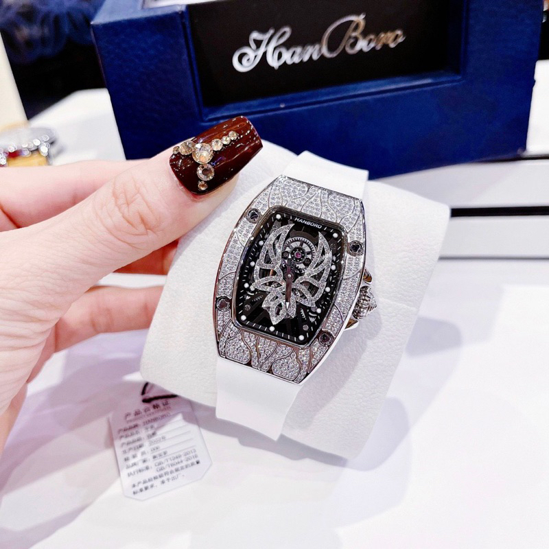 Đồng Hồ nữ Hanboro By Huboler đính đá chính hãng dây cao su trắng tim đỏ siz 36mm