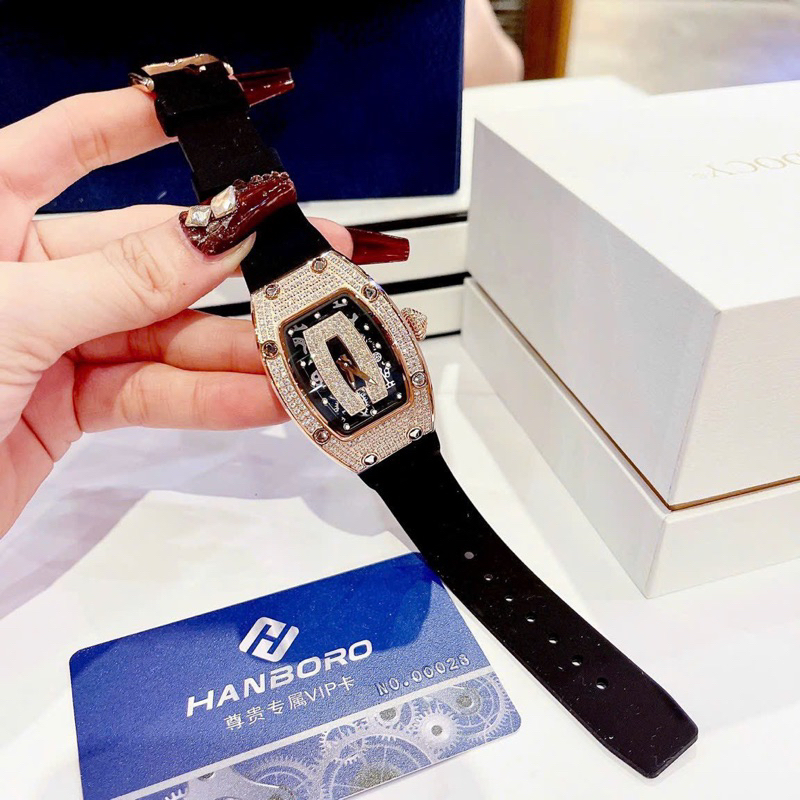 Đồng Hồ nữ Hanboro By Huboler đính đá chính hãng dây cao su trắng tim đỏ siz 36mm