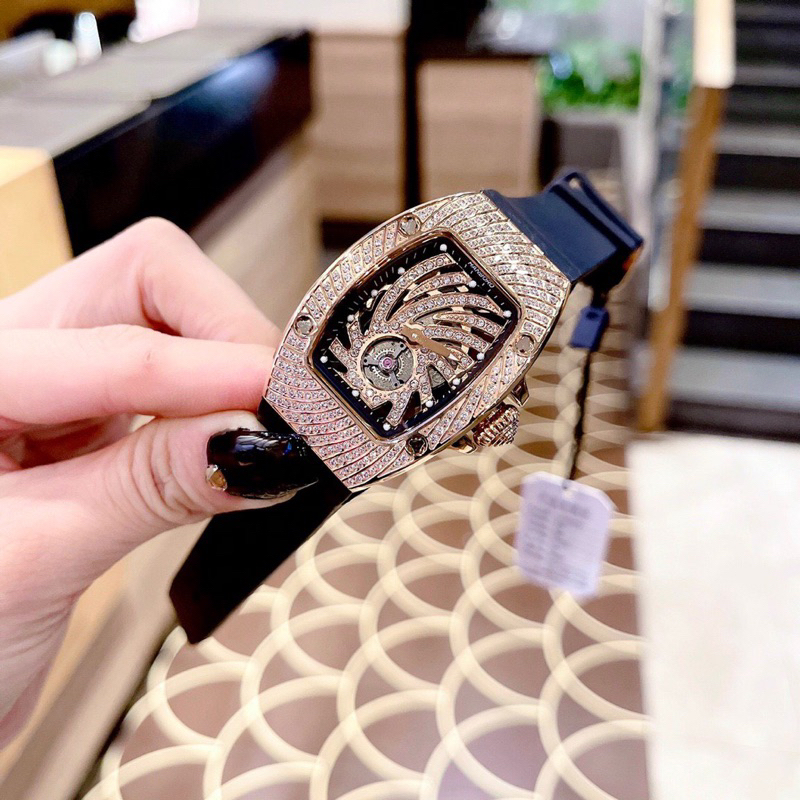 Đồng Hồ nữ Hanboro By Huboler đính đá chính hãng dây cao su trắng tim đỏ siz 36mm