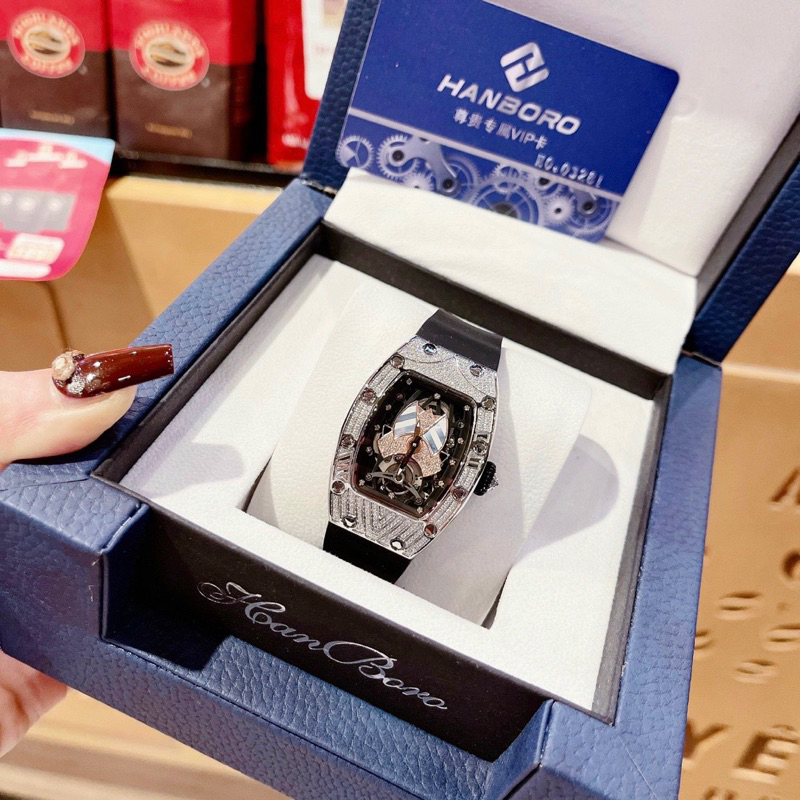 Đồng Hồ nữ Hanboro By Huboler đính đá chính hãng dây cao su trắng tim đỏ siz 36mm