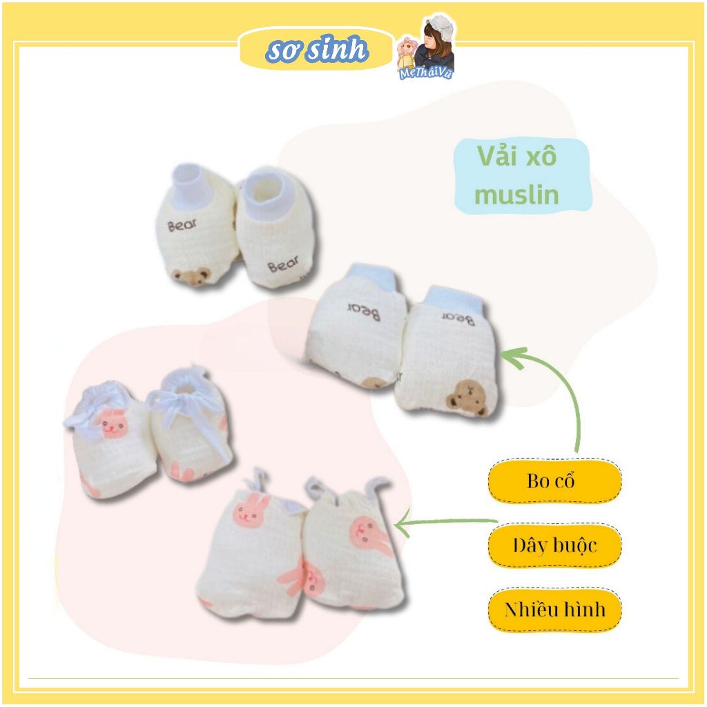 Bao tay chân cho bé sơ sinh chất vải xô muslin tất vớ trẻ em cao cấp bé trai gái methaivu