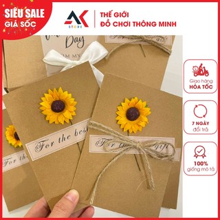Thiệp Giấy Kraft Vintage Cài Hoa Khô Thiệp Handmade Thiệp Chúc Mừng Sinh Nhật Thiệp Valentine