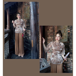 Bộ đồ lam, pháp phục, bà ba đi chùa áo voan ánh kim quần lụa mango PHẠM NGỌC BOUTIQUE