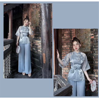 Bộ đồ lam, pháp phục, bà ba đi chùa áo voan ánh kim quần lụa mango PHẠM NGỌC BOUTIQUE