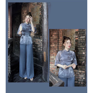 Bộ đồ lam, pháp phục, bà ba đi chùa áo voan ánh kim quần lụa mango PHẠM NGỌC BOUTIQUE