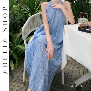 「ADELIA」Đầm Maxi Cổ Yếm Không Tay Màu Xanh Cổ Điển Dáng Dài 2 Lớp Đi Biển DH450