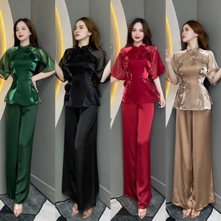 Bộ đồ lam, pháp phục, bà ba đi chùa áo voan ánh kim quần lụa mango PHẠM NGỌC BOUTIQUE