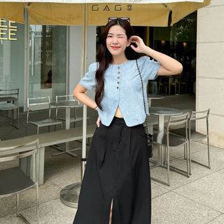 Áo kiểu thời trang nữ giả vest tay ngắn tà trước đắp chéo có xẻ, gài nút GAGO GA4727 4733 4734