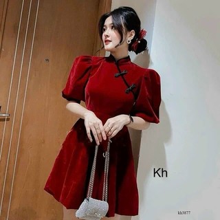 Đầm váy nữ chất nhung thiết kế cổ tàu cài nút mây tay búp dáng ngắn xòe nhẹ tone màu đỏ siêu xinh xắn