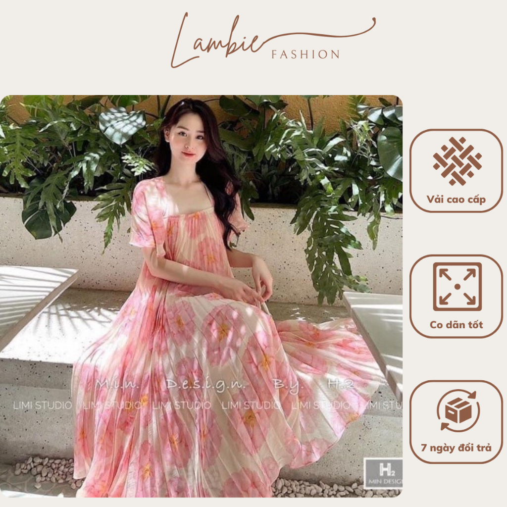 Váy bầu, đầm bầu thời trang LAMBIE dáng babydoll họa tiết hoa, chất lụa voan cao cấp dập ly hai lớp siêu mềm mát