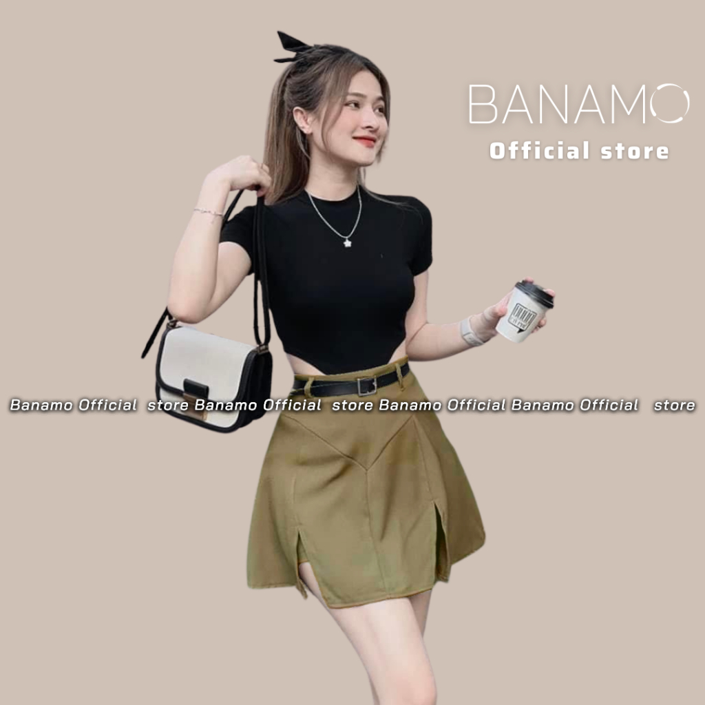 [PASS] Set nữ Banamo Fashion chân váy kaki ngắn xẻ phối áo croptop vạt tôm
