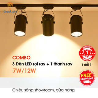 Combo 3 đèn rọi ray 7W/12W mắt ếch + 1 thanh ray 1m/1m5 chất lượng, tiết kiệm điện