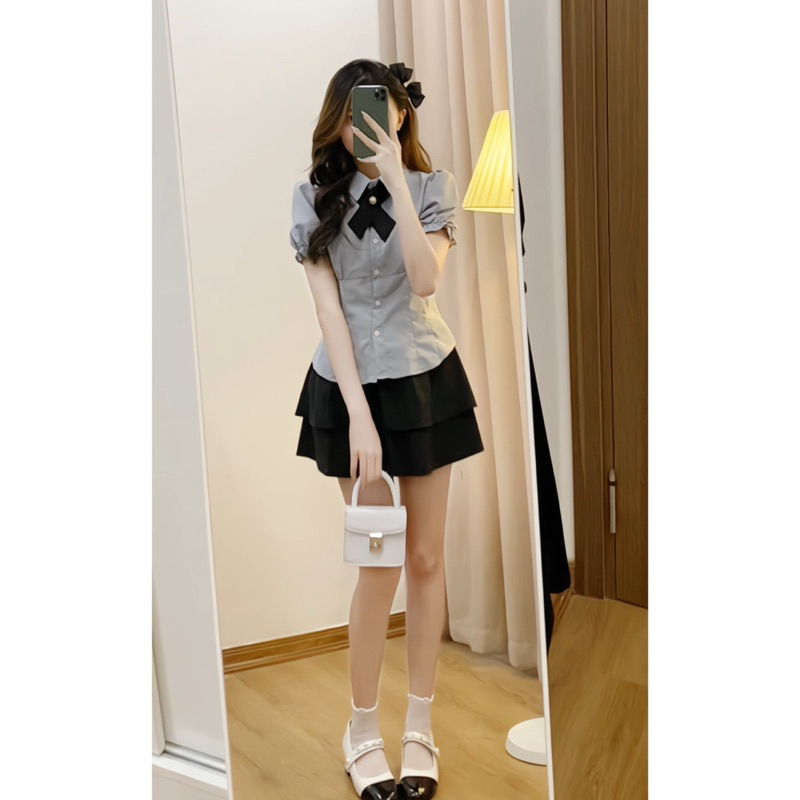 Set áo sơ mi kèm chân váy 2 tầng, áo tay phồng chiết eo tiểu thư xixeoshop - S89 | BigBuy360 - bigbuy360.vn