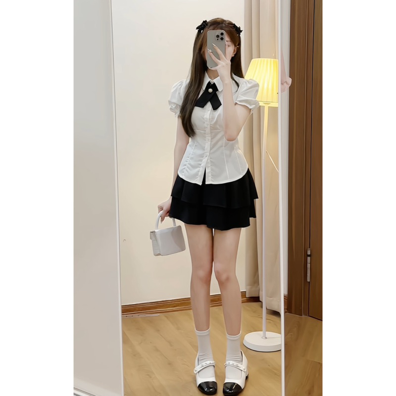 Set áo sơ mi kèm chân váy 2 tầng, áo tay phồng chiết eo tiểu thư xixeoshop - S89 | BigBuy360 - bigbuy360.vn