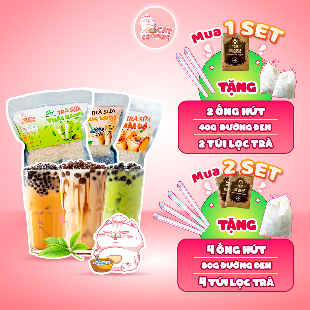 Set nguyên liệu pha trà sữa Thái Xanh, Thái Đỏ thành phẩm 30 35 ly - CATCOOKING