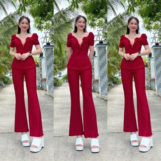 Bộ đồ lưới phối bông quần loe và quần ôm phạm ngọc boutique
