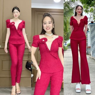 Set bộ dư tiệc quần ống leo và ôm áo lưới ngực phối hoa mặc tôn dáng